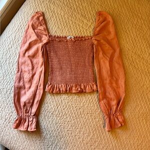 Reformation Tangerine Smocked Square Neck Long Sleeve Cropped Top, Linen, XS